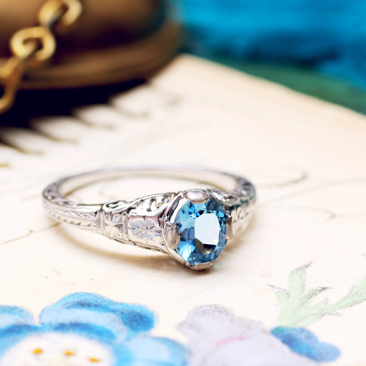 Art Deco Filigree Aquamarine Ring