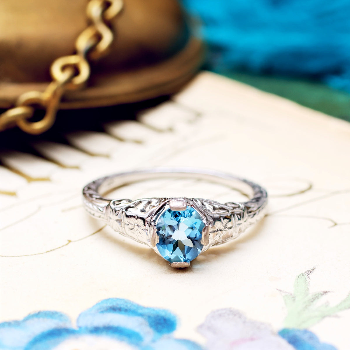 Art Deco Filigree Aquamarine Ring