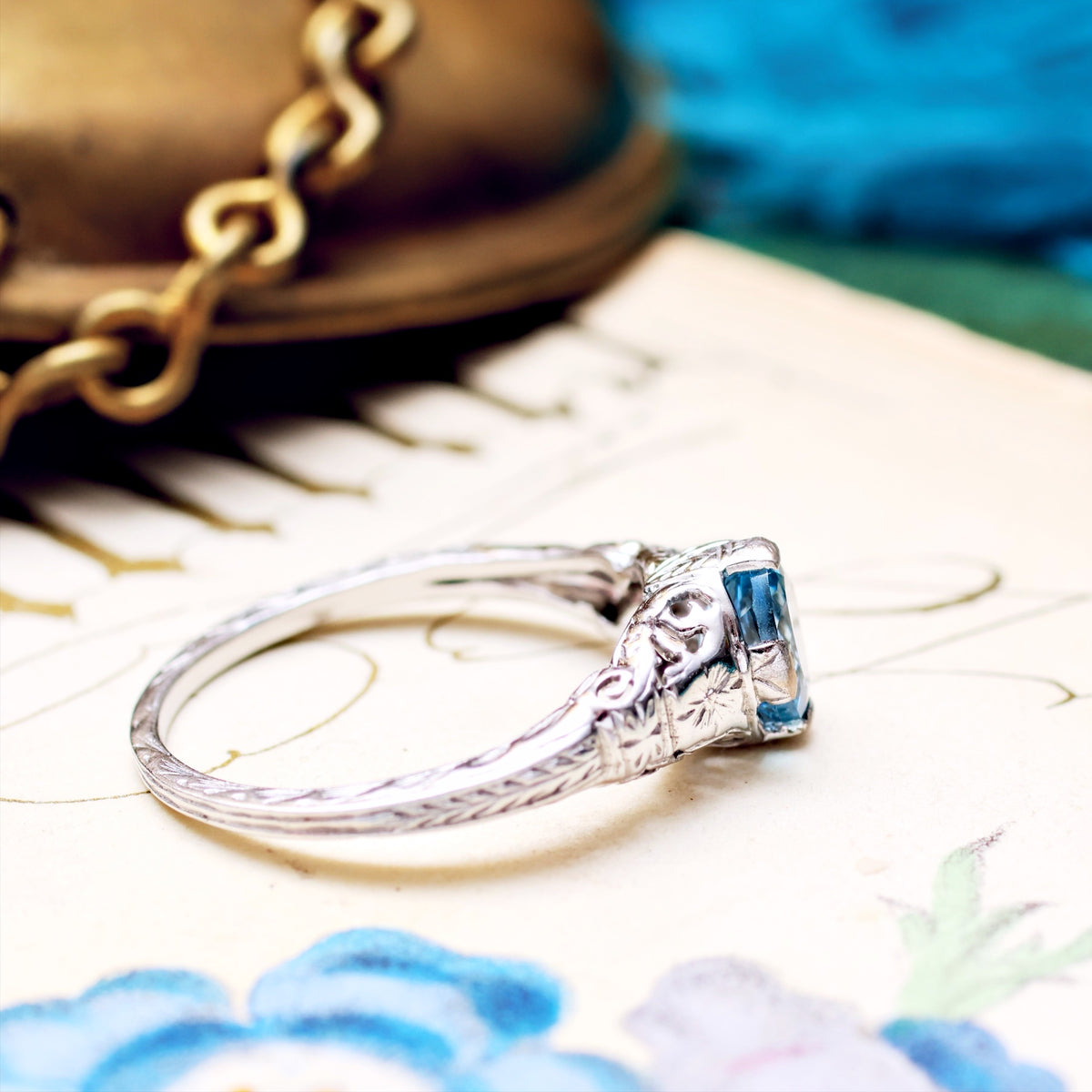 Art Deco Filigree Aquamarine Ring