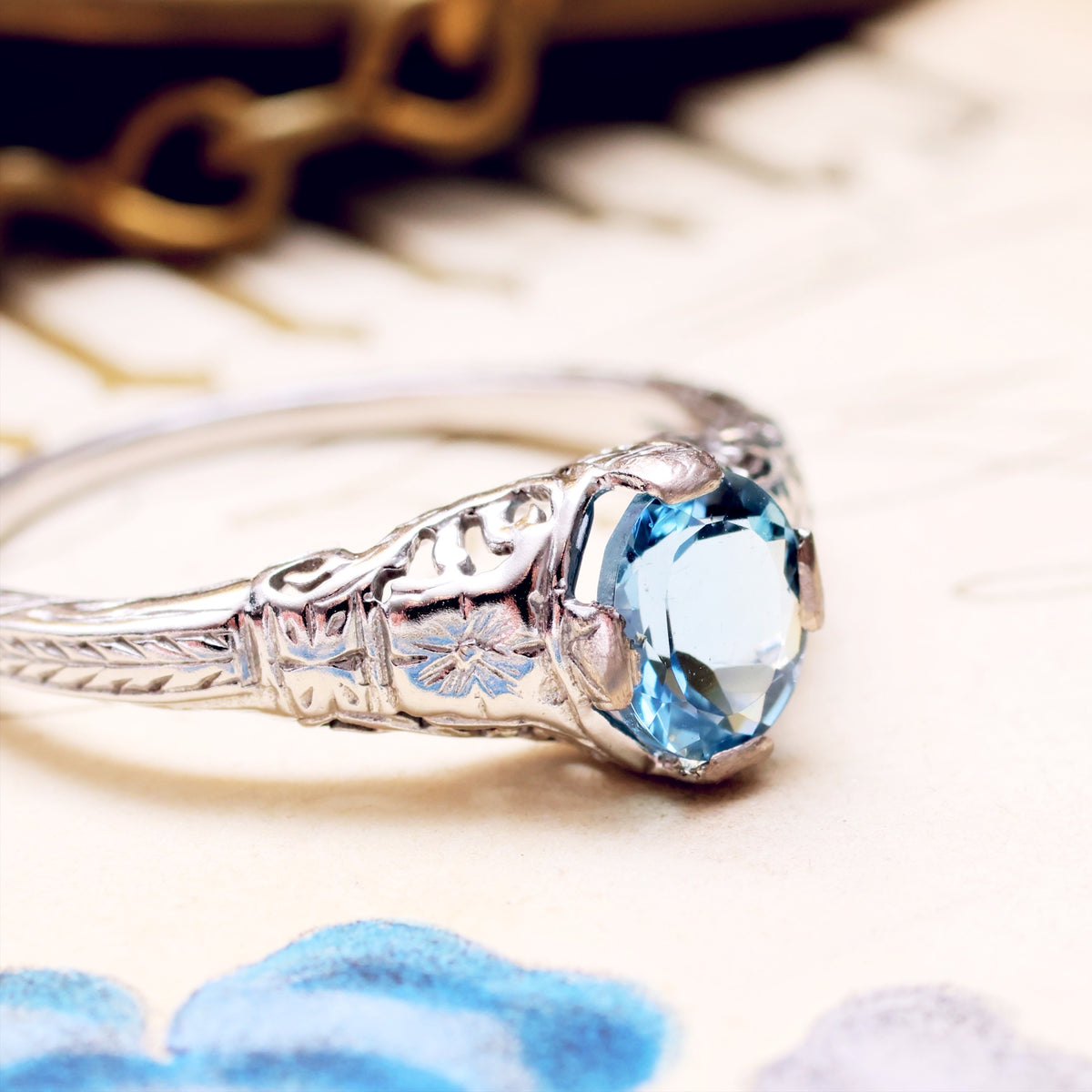 Art Deco Filigree Aquamarine Ring