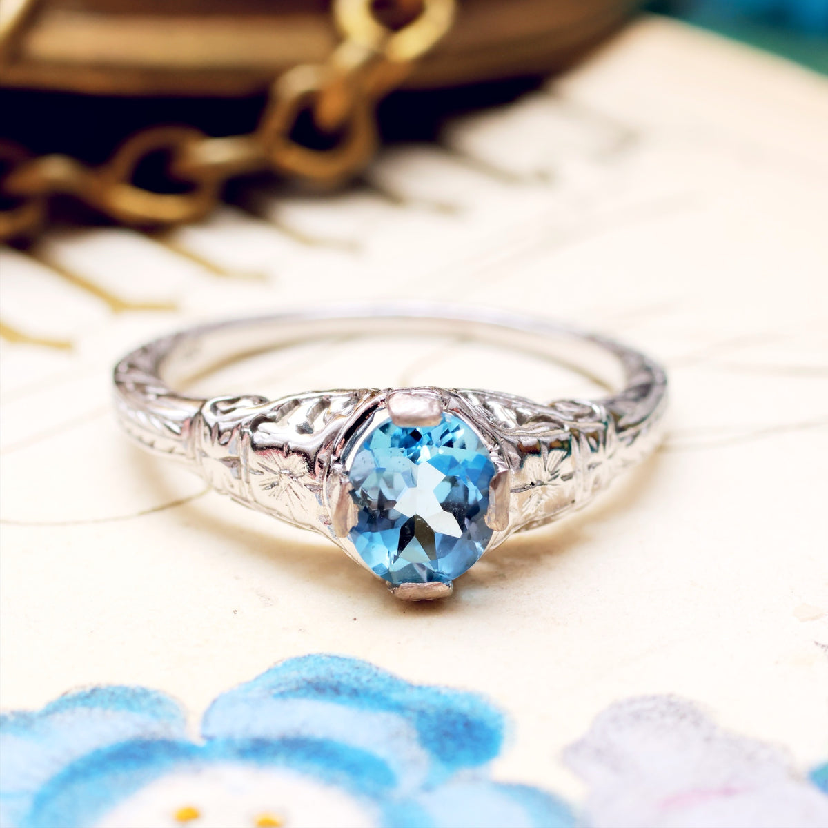 Art Deco Filigree Aquamarine Ring