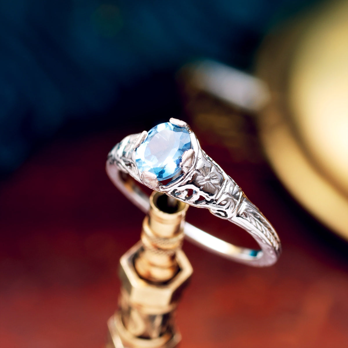 Art Deco Filigree Aquamarine Ring