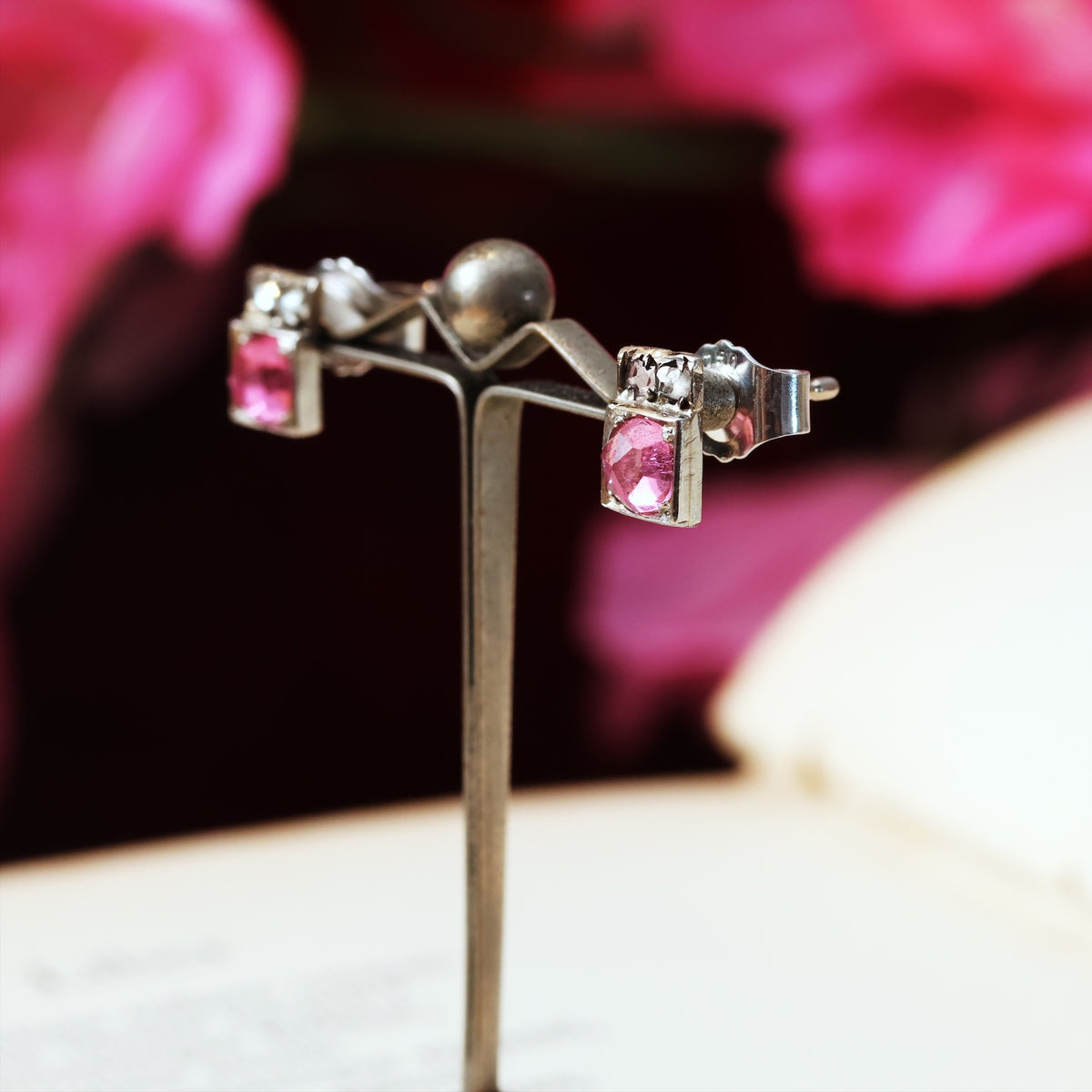 Art Deco Pink Tourmaline & Diamond Stud Earrings