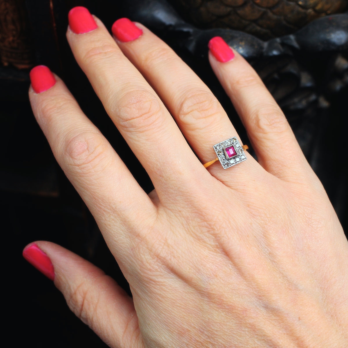 Vintage Art Deco Ruby & Diamond Cluster Ring