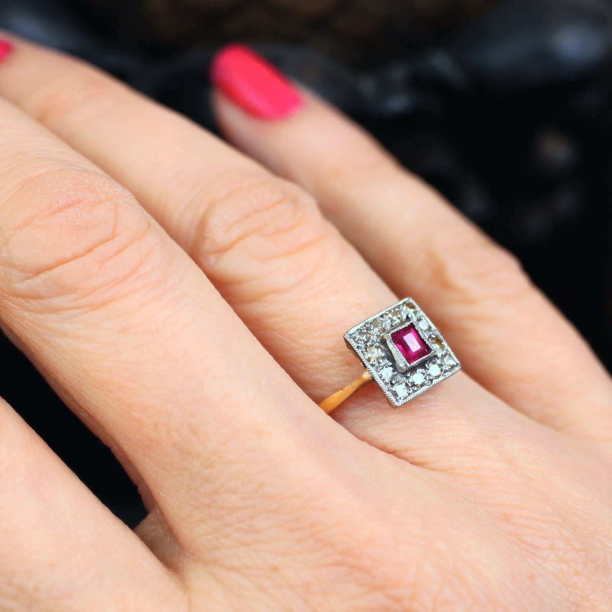 Vintage Art Deco Ruby & Diamond Cluster Ring