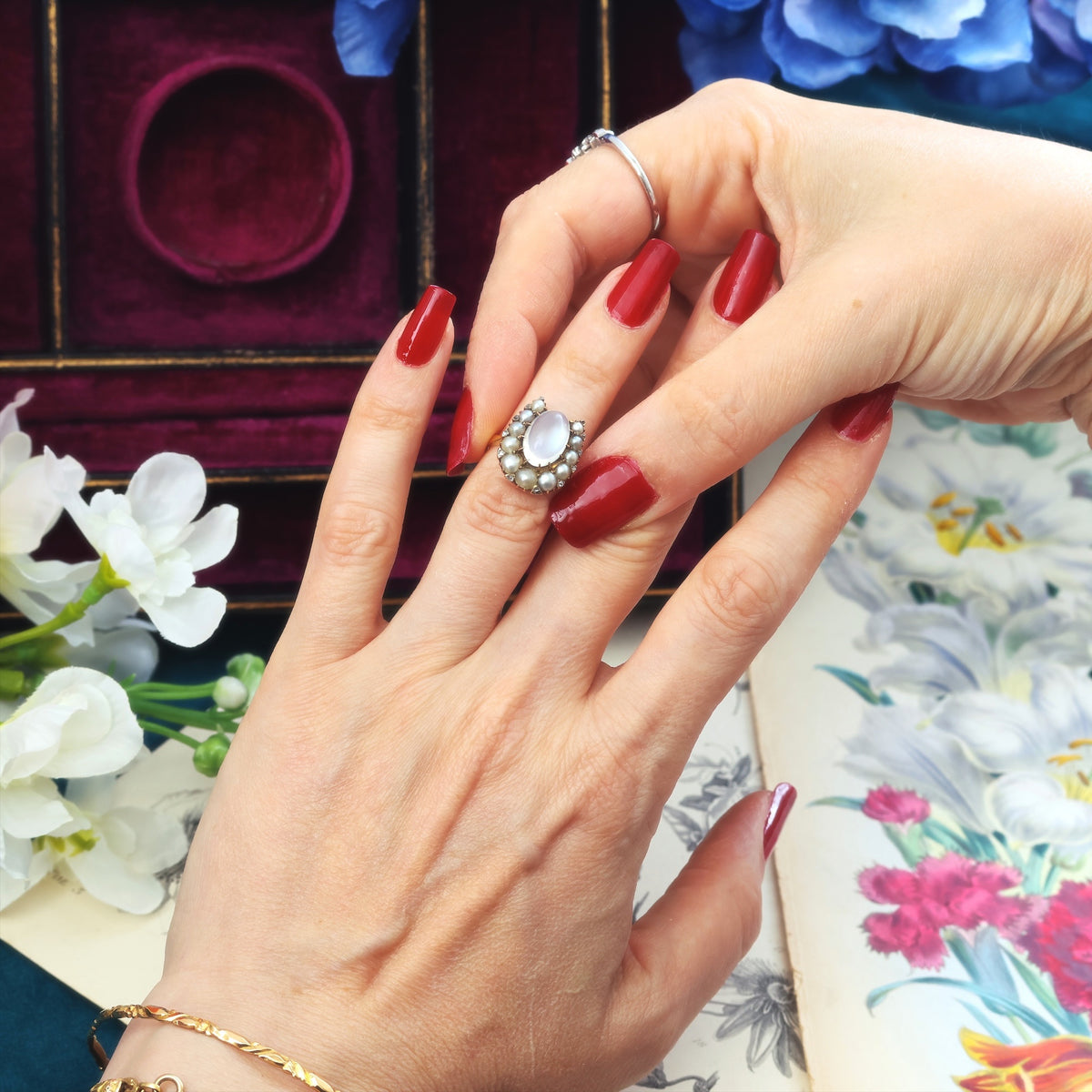 Dreamy Antique Moonstone & Pearl Horseshoe Ring