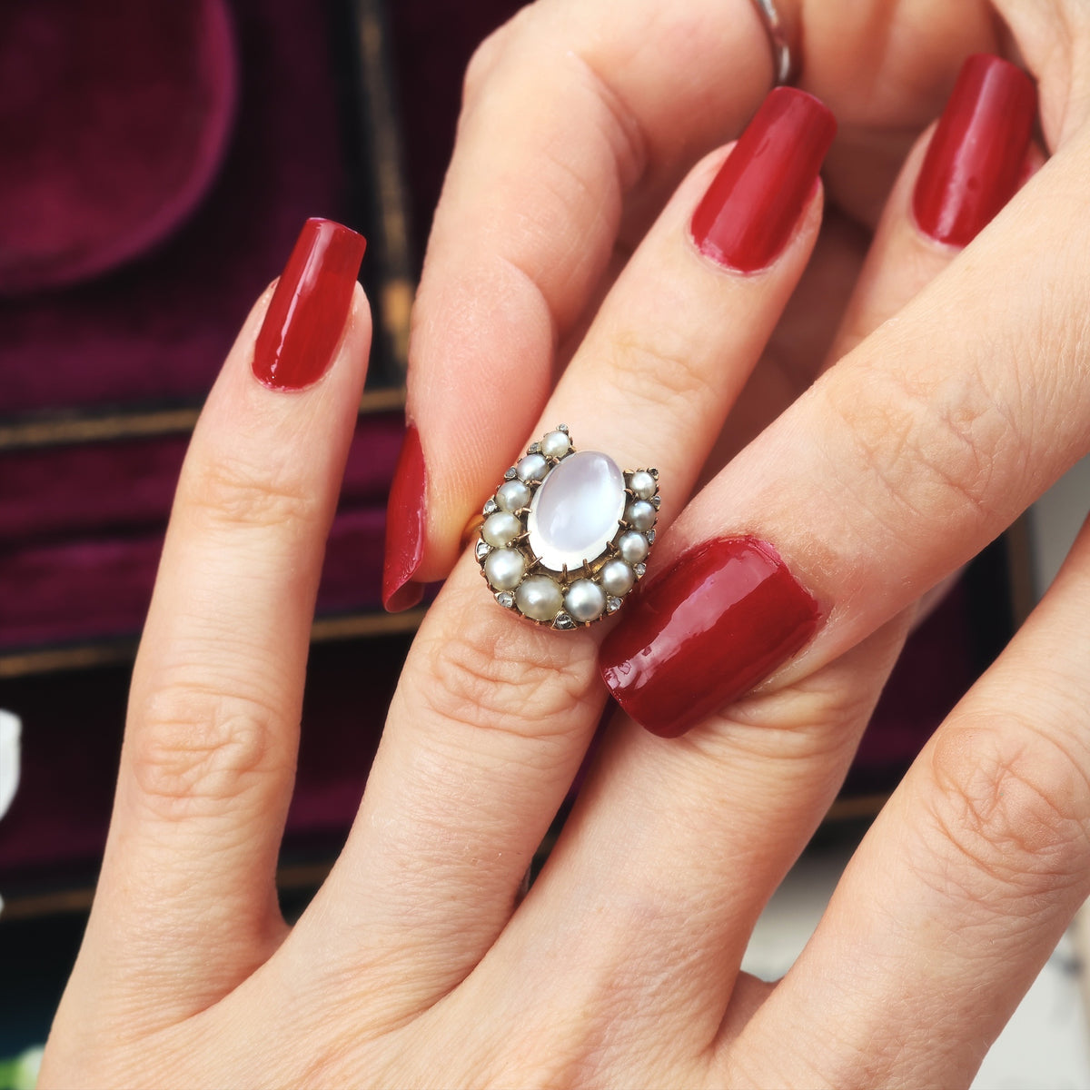 Dreamy Antique Moonstone & Pearl Horseshoe Ring