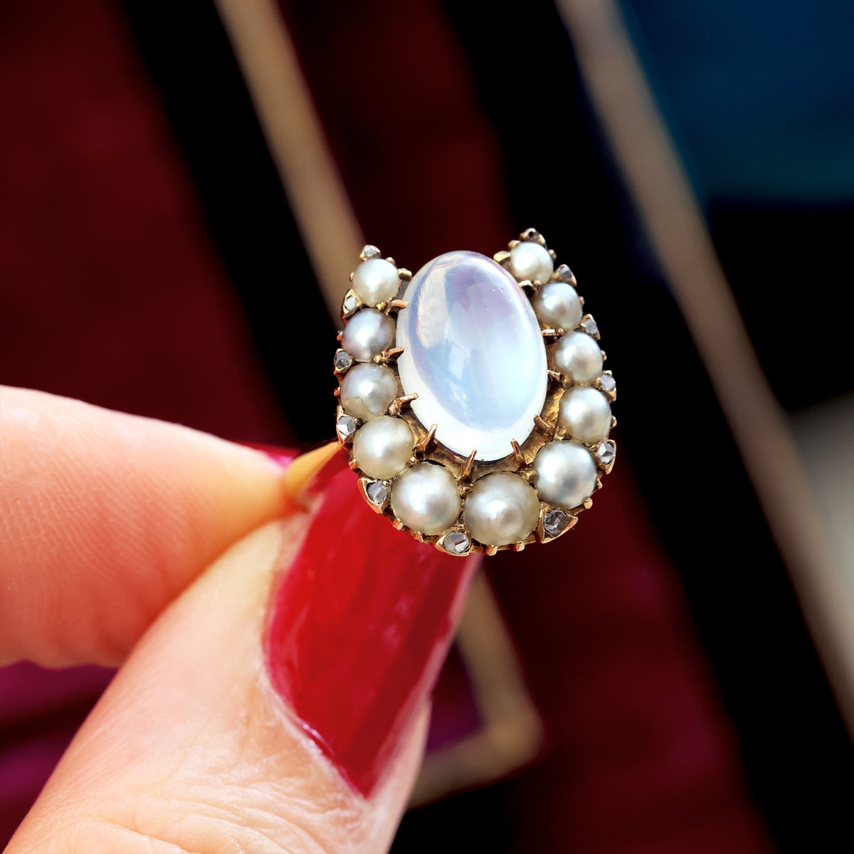 Dreamy Antique Moonstone & Pearl Horseshoe Ring