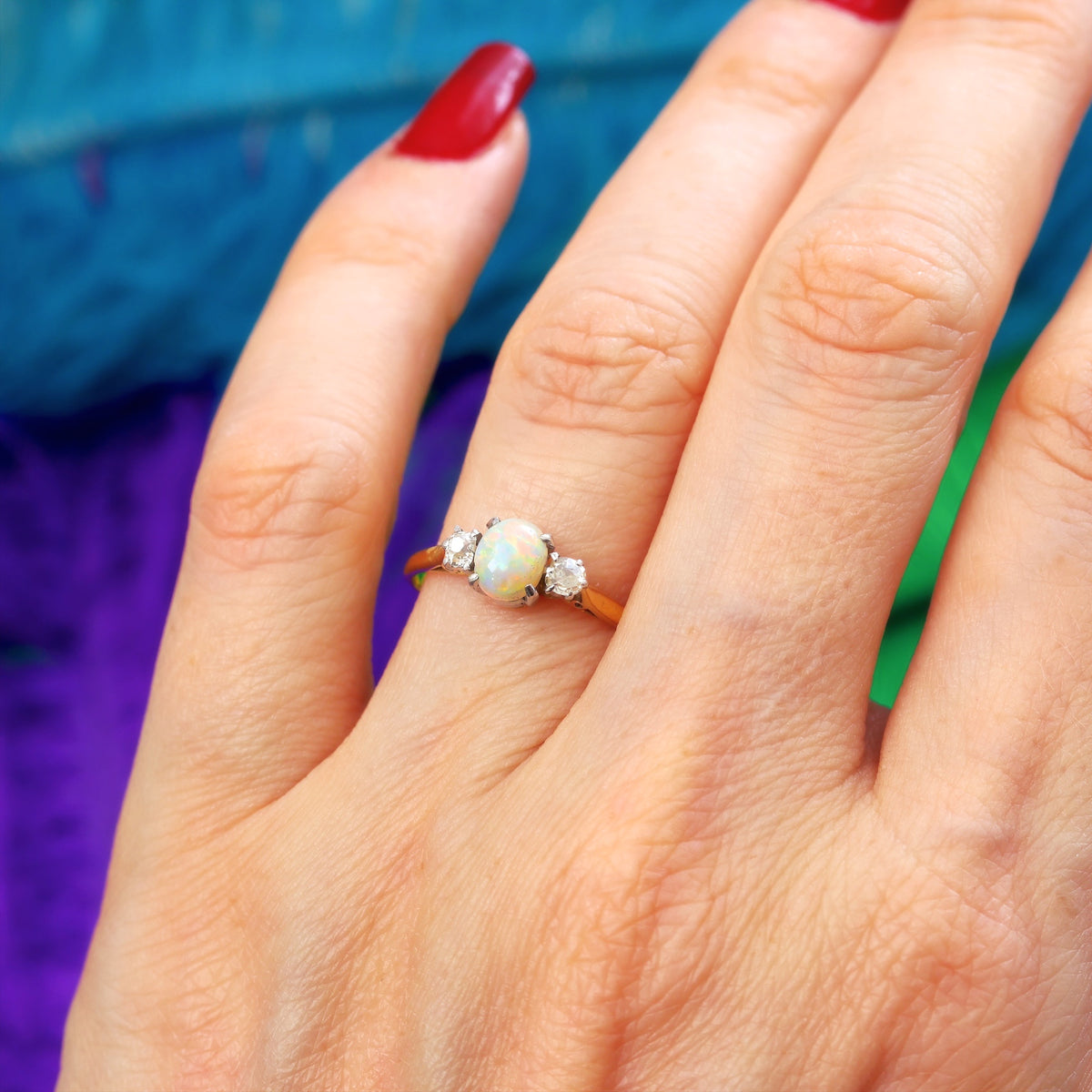 Awesome Vintage Rainbow Opal & Diamond Ring