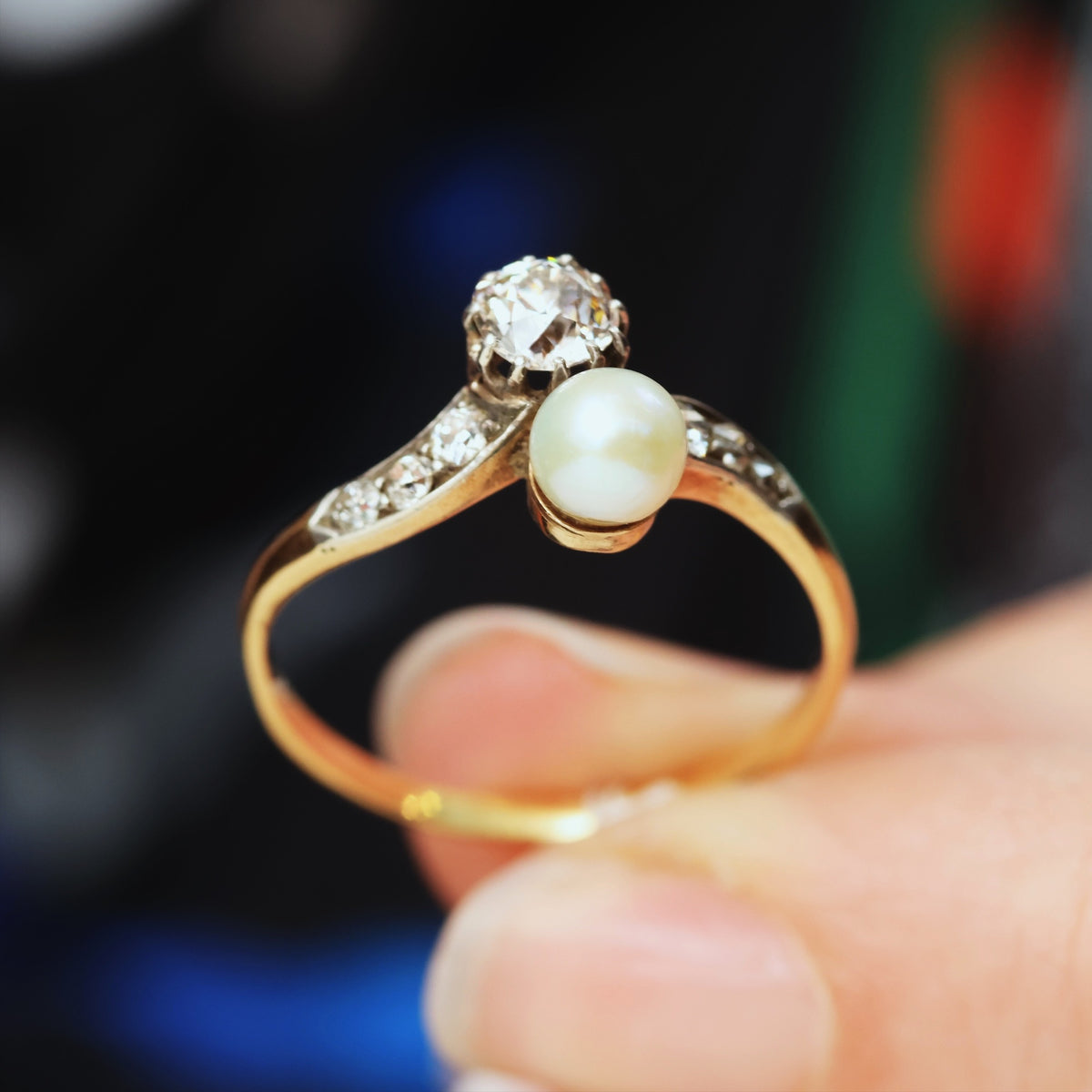 Beauteous Antique Pearl and Diamond Crossover Ring