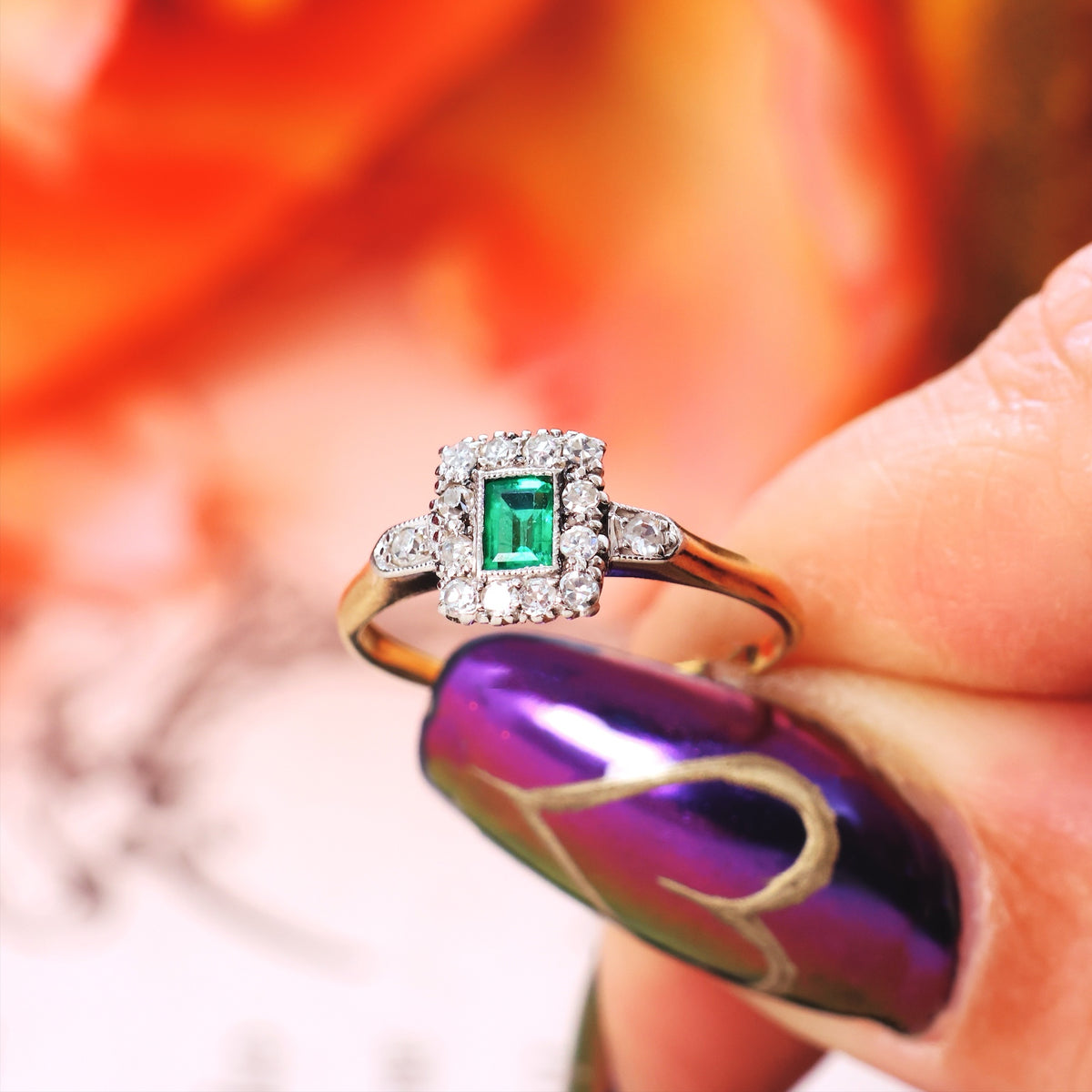 Vintage Emerald & Diamond Cluster Ring