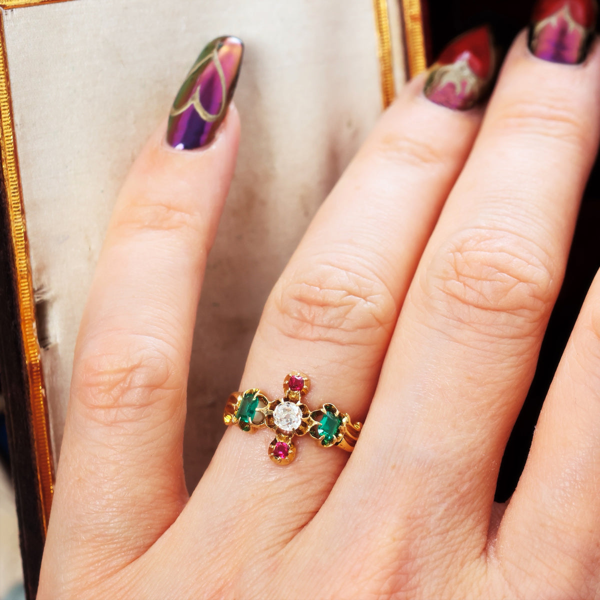 Rare 18th Century Georgian Diamond, Ruby & Emerald Ring