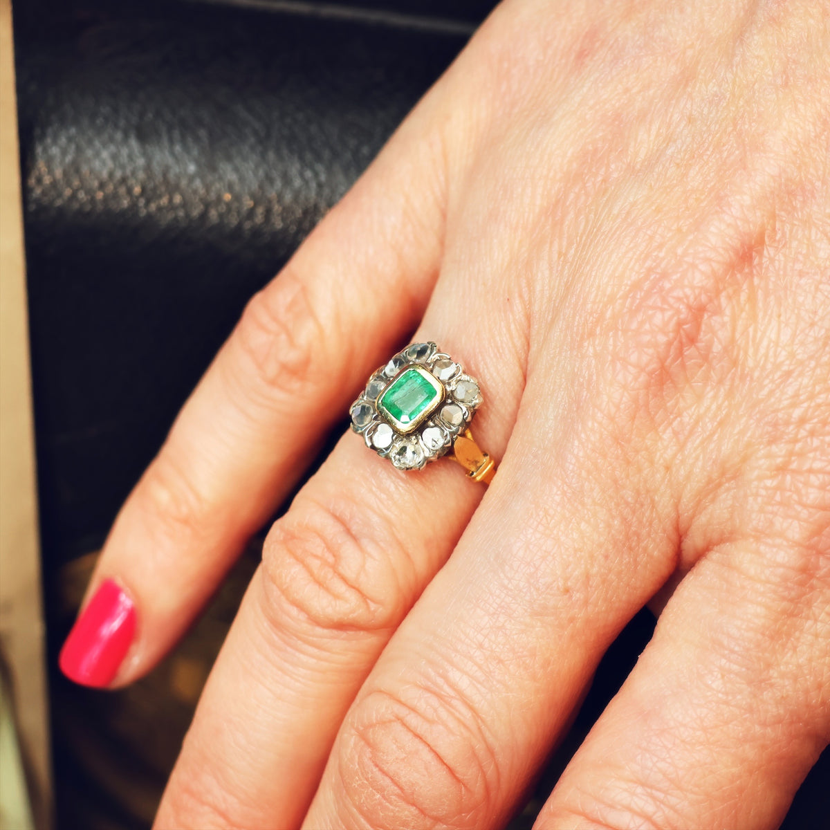 Vintage Emerald & Rose Cut Diamond Cluster Ring