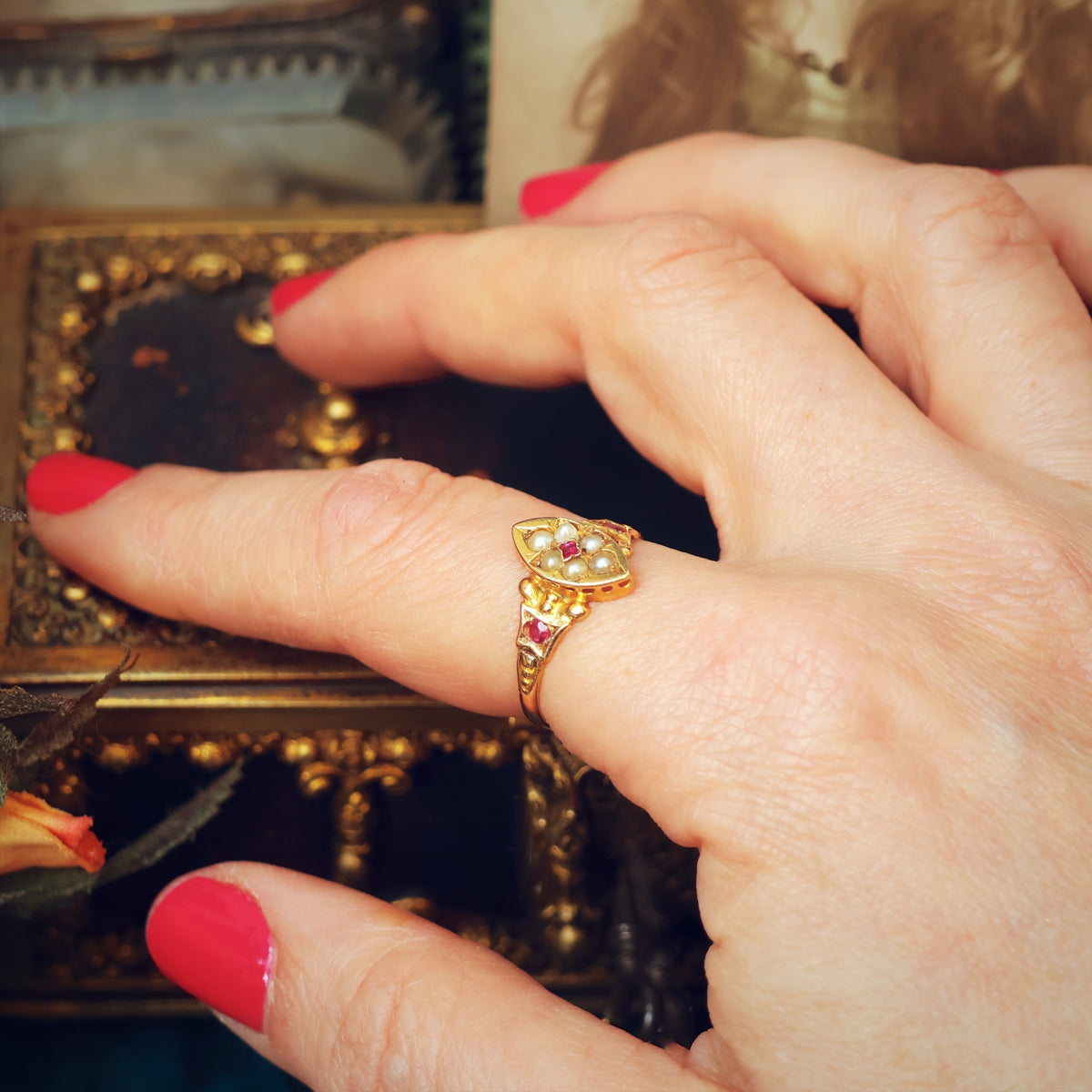 Antique 15ct Gold Pink Ruby & Wild Pearl Ring