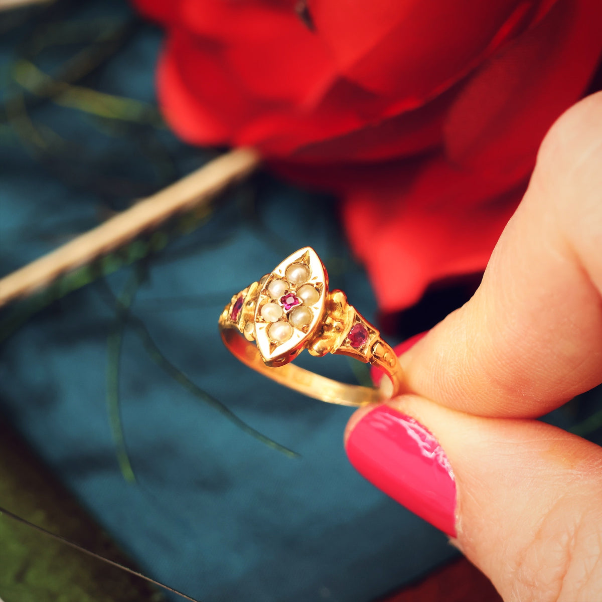 Antique 15ct Gold Pink Ruby & Wild Pearl Ring