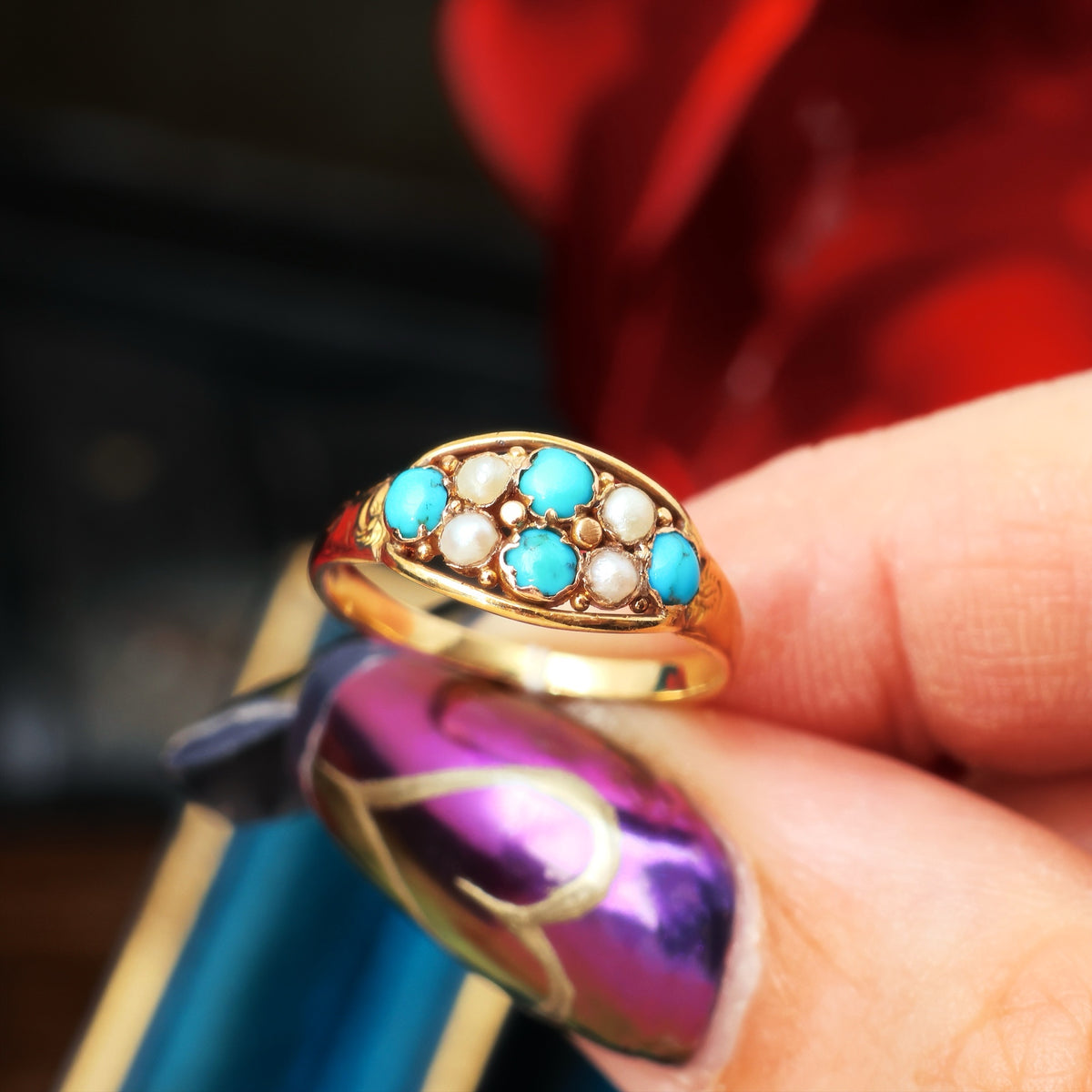 Precious and Meaningful Victorian Turquoise & Pearl Ring