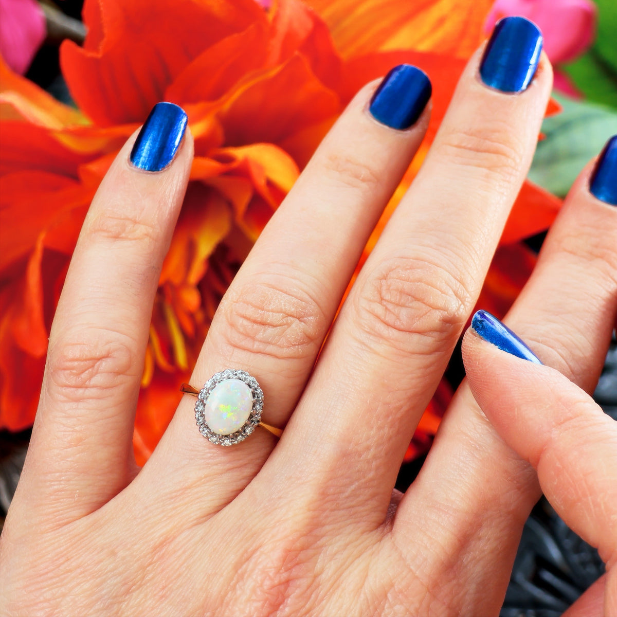 Date 1976 Rainbow Opal & Diamond Cluster Ring