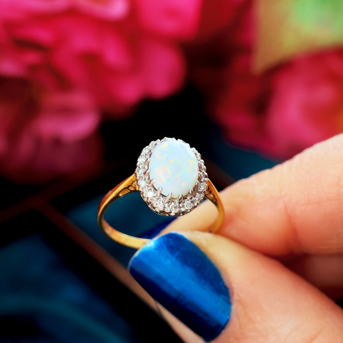 Date 1976 Rainbow Opal & Diamond Cluster Ring