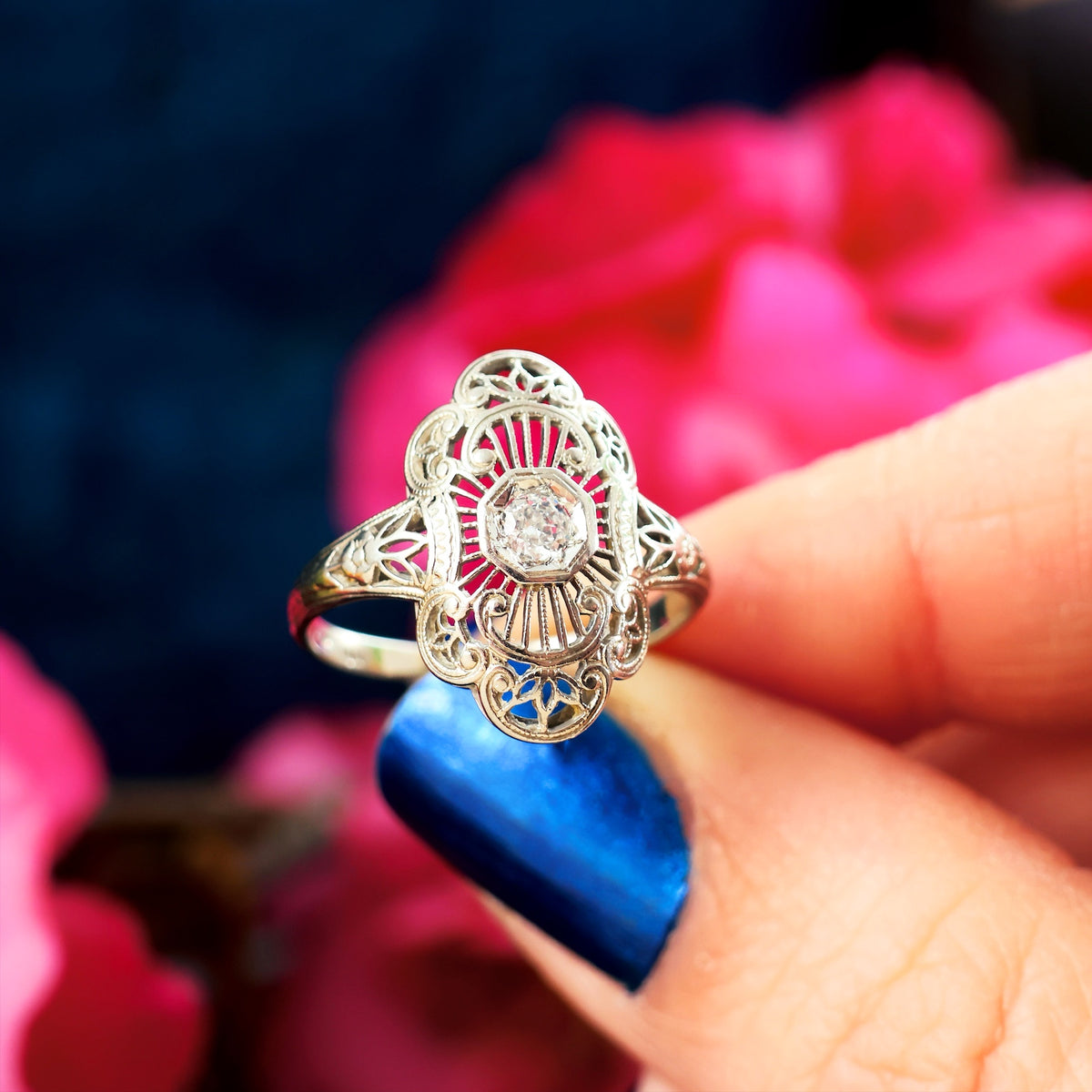 Romantic Blossom Art Deco Filigree Diamond Ring