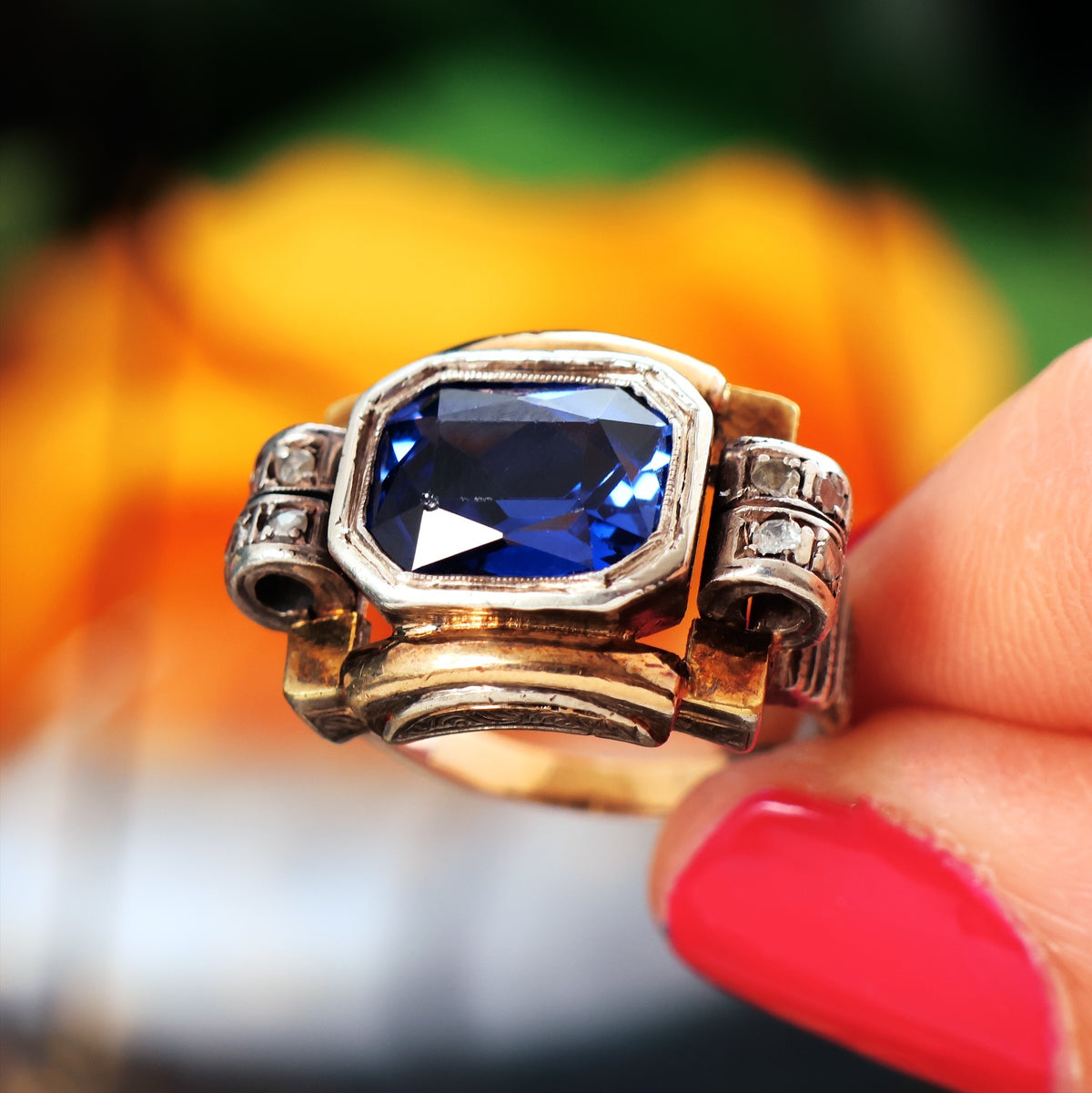 Dramatic Art Deco Sapphire & Diamond Cocktail Ring