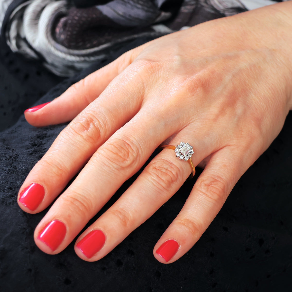 Date 1990 Emerald-Cut Diamond Cluster Engagement Ring