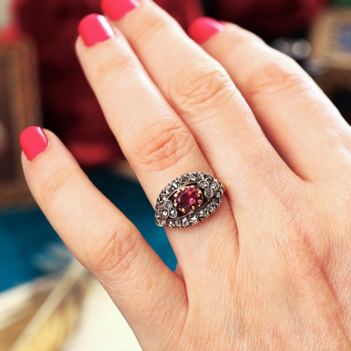 A Romantic Vintage Blush Tourmaline & Rose Cut Diamond Ring