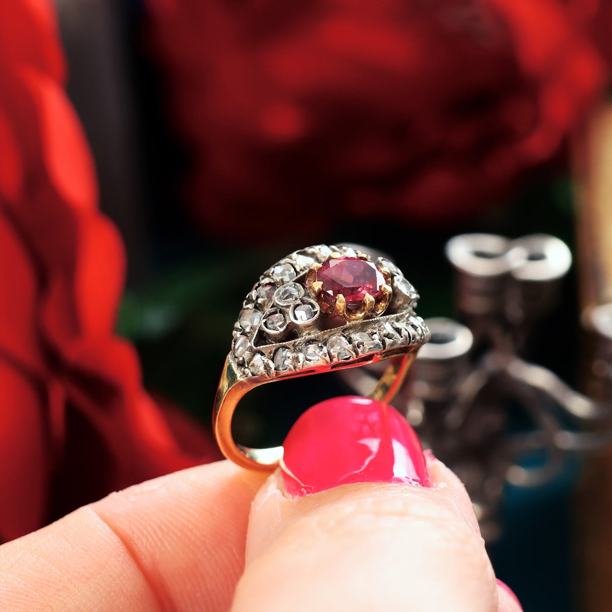 A Romantic Vintage Blush Tourmaline & Rose Cut Diamond Ring