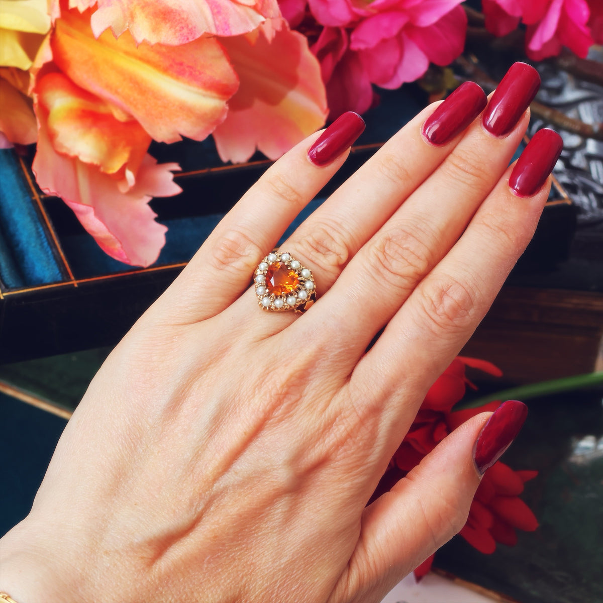 Vintage Heart Shaped Citrine & Pearl Cocktail Ring