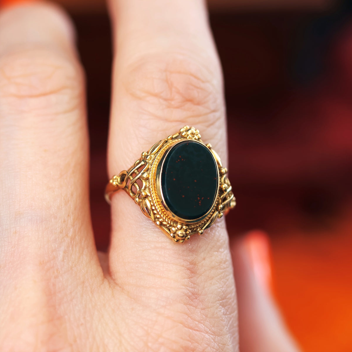 Antique Victorian Arts & Crafts Bloodstone Signet Ring