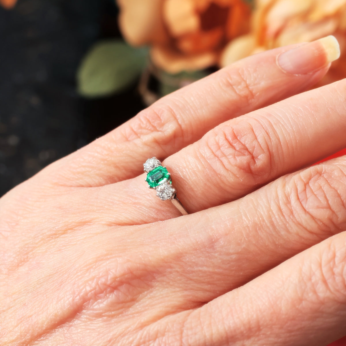 Vintage Emerald & Diamond Trilogy Engagement Ring