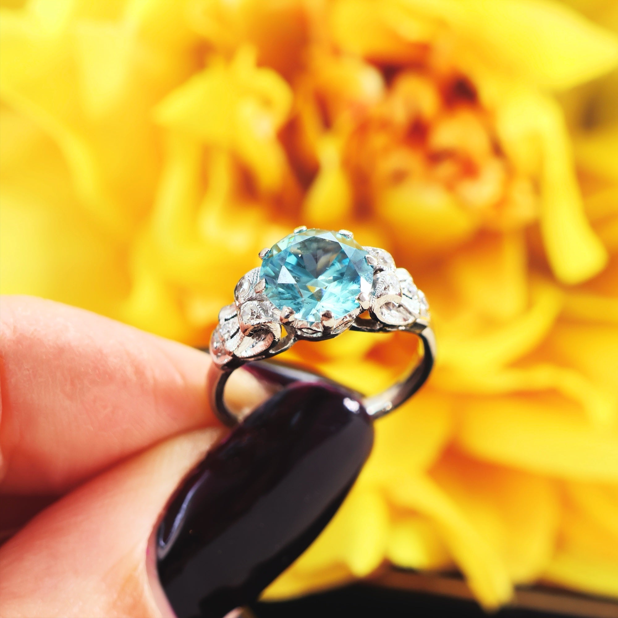 Blue Topaz and Zircon ArtDeco popular Ring