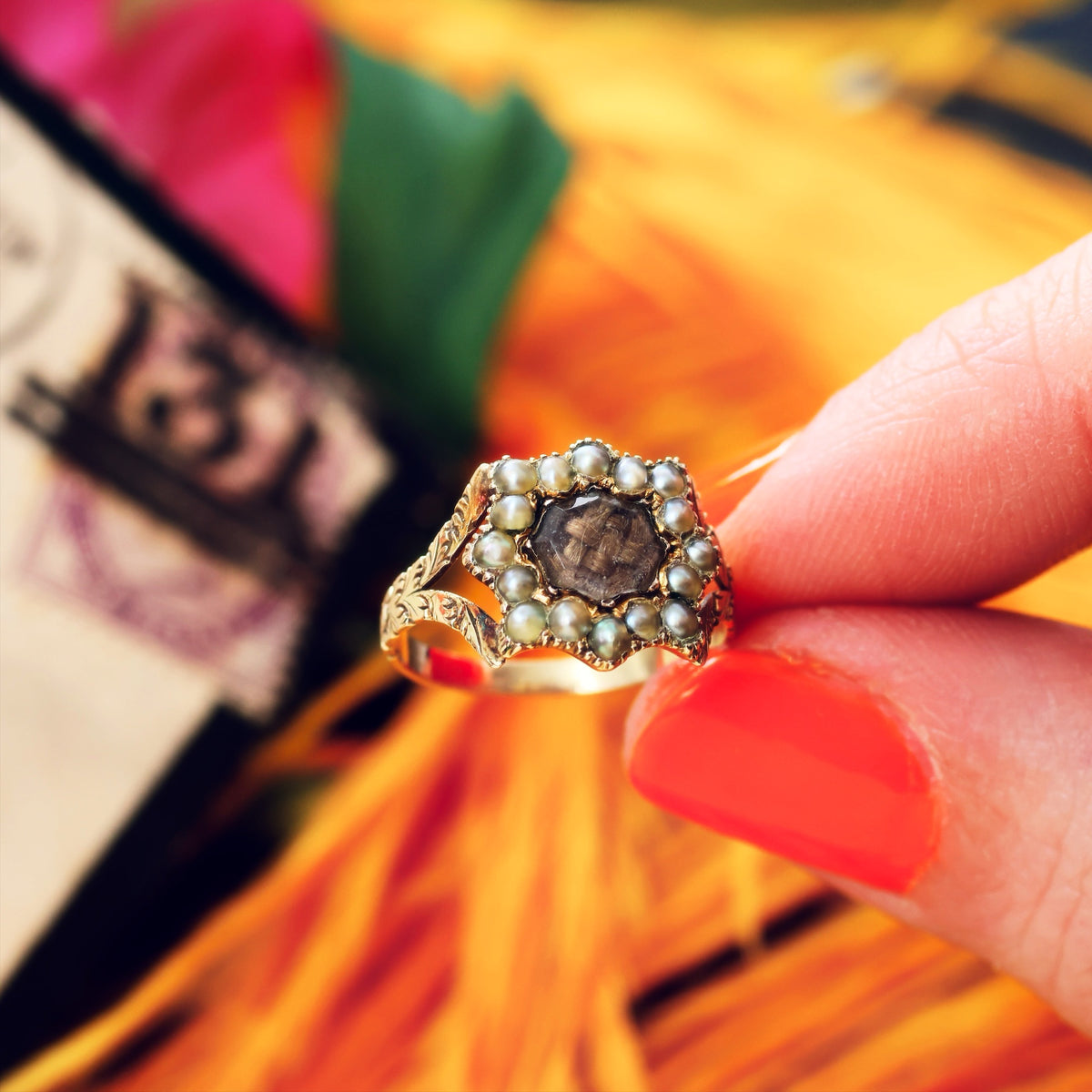 Prettily Poignant Date 1833 Seed Pearl Mourning Ring