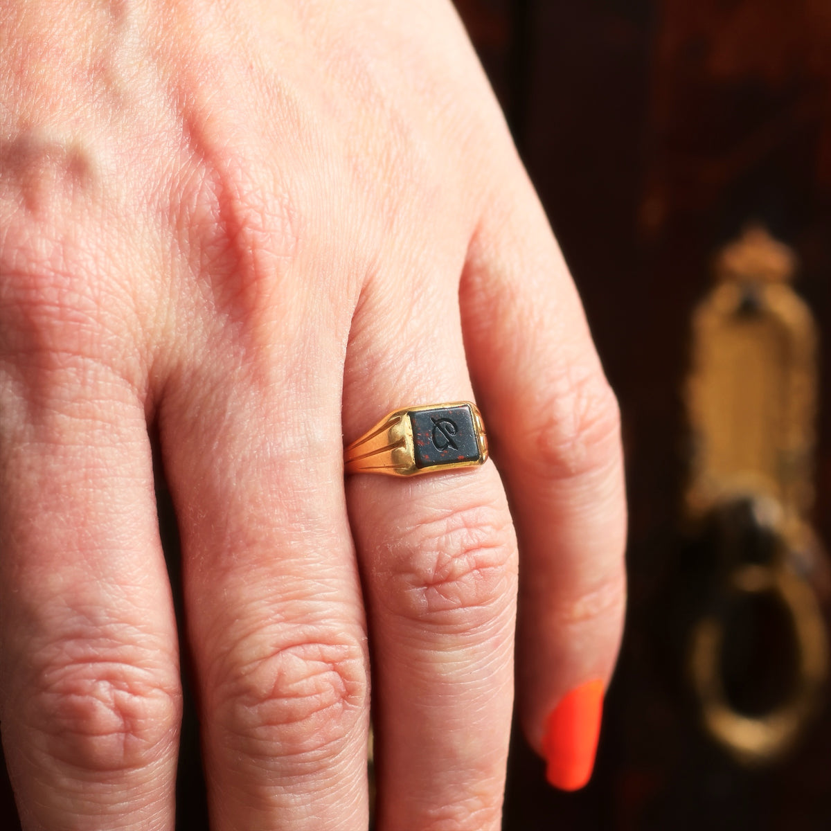 Antique Date 1902 Initial 'D' Bloodstone Intaglio Ring