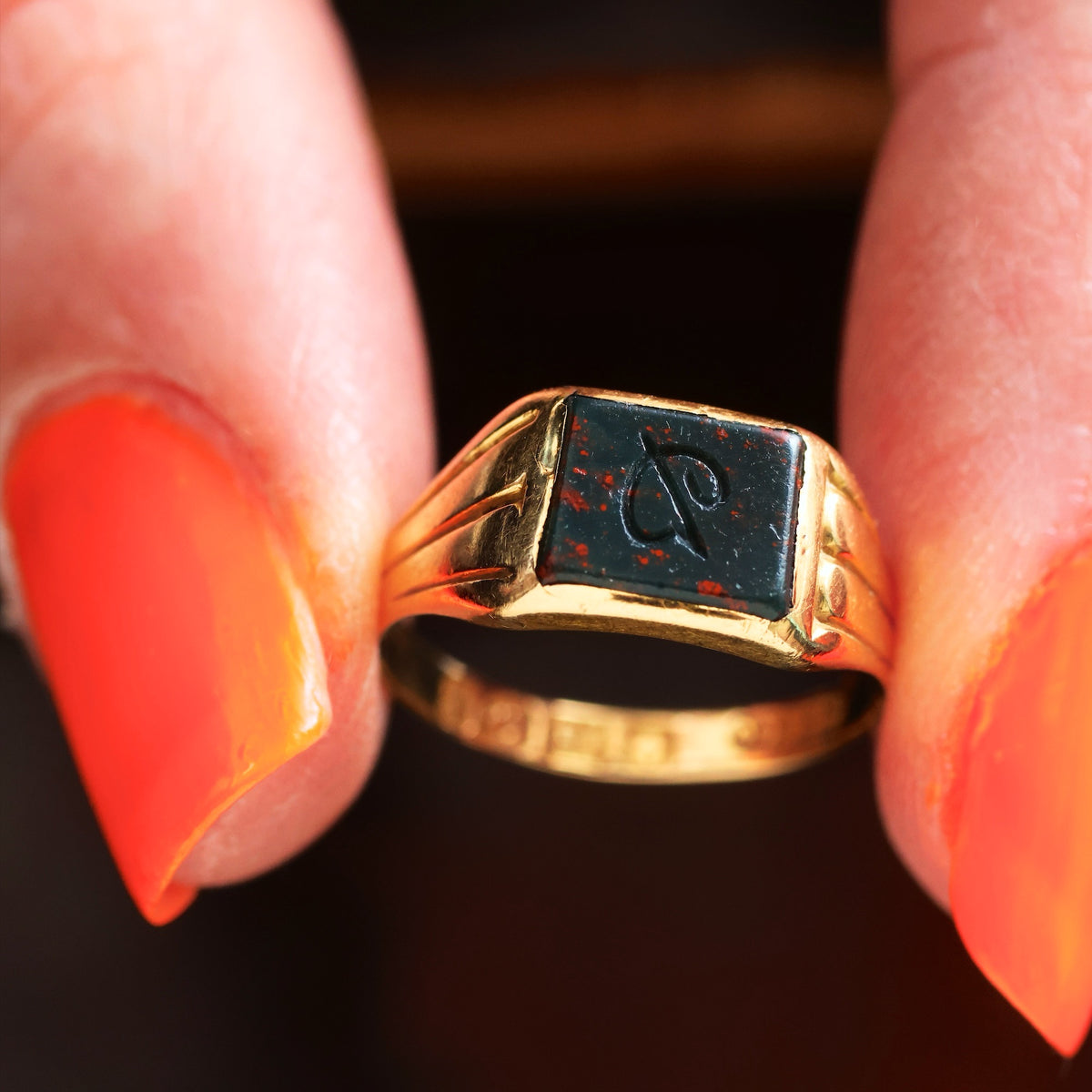 Antique Date 1902 Initial 'D' Bloodstone Intaglio Ring