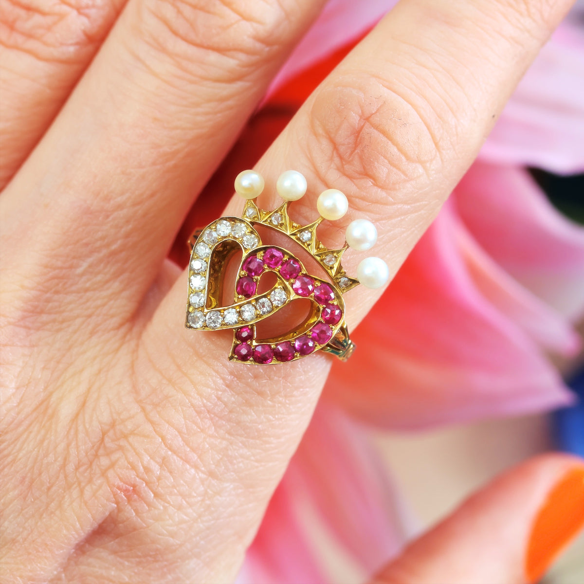 Extravagant Antique Crowned Ruby & Diamond Hearts Ring