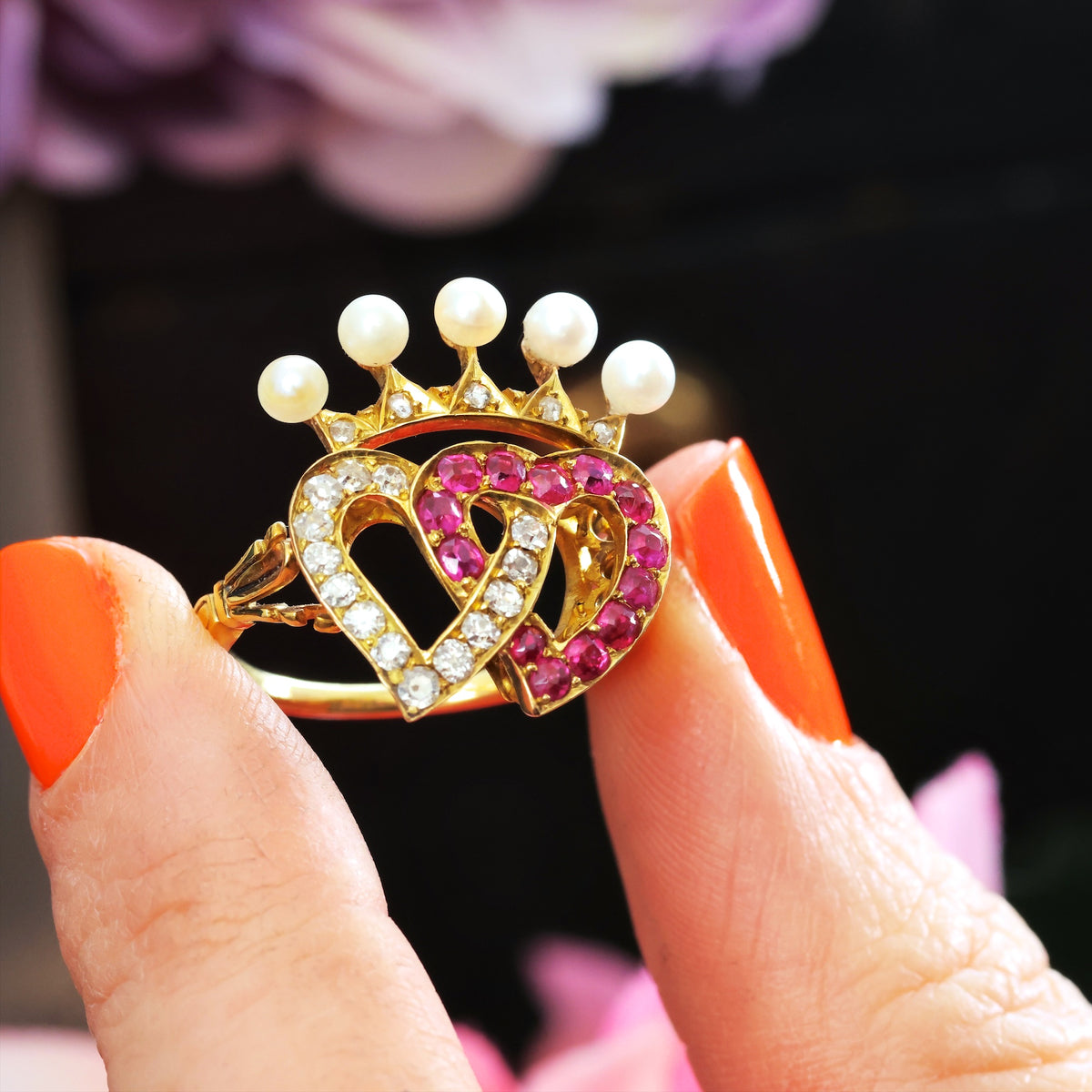 Extravagant Antique Crowned Ruby & Diamond Hearts Ring