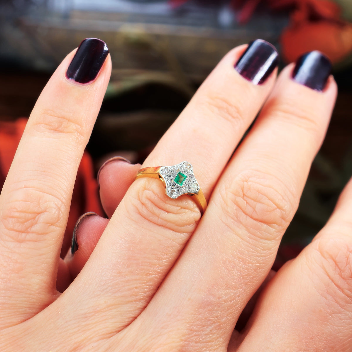 Vintage Art Deco Emerald & Diamond Cluster Ring