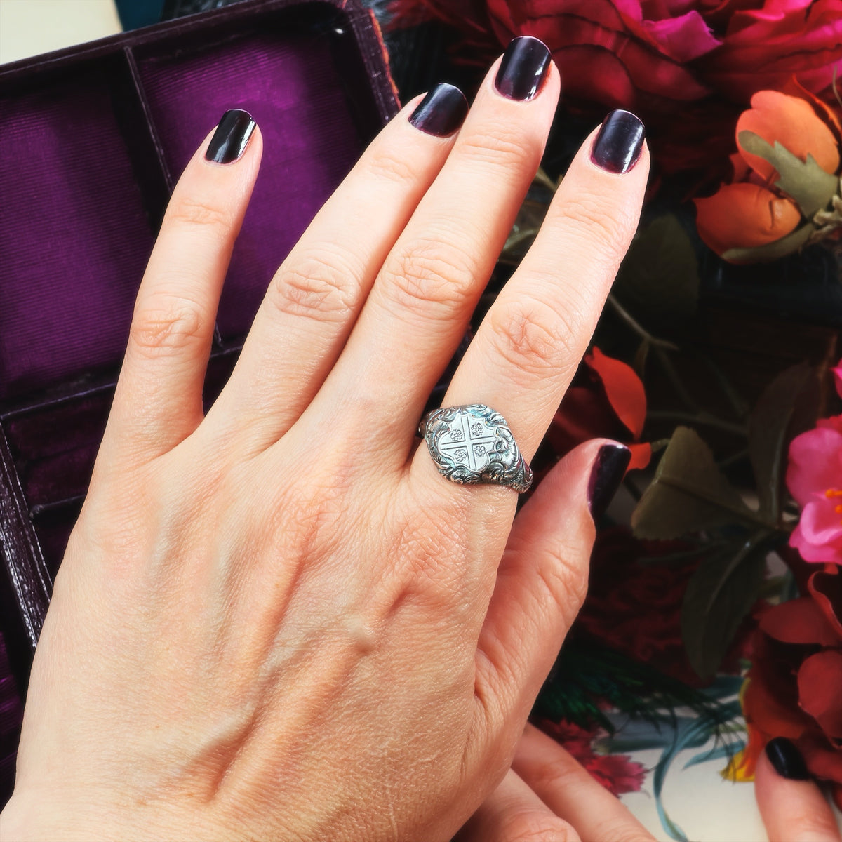 Ornate Saltire Cross & Tudor Rose Silver Signet Ring