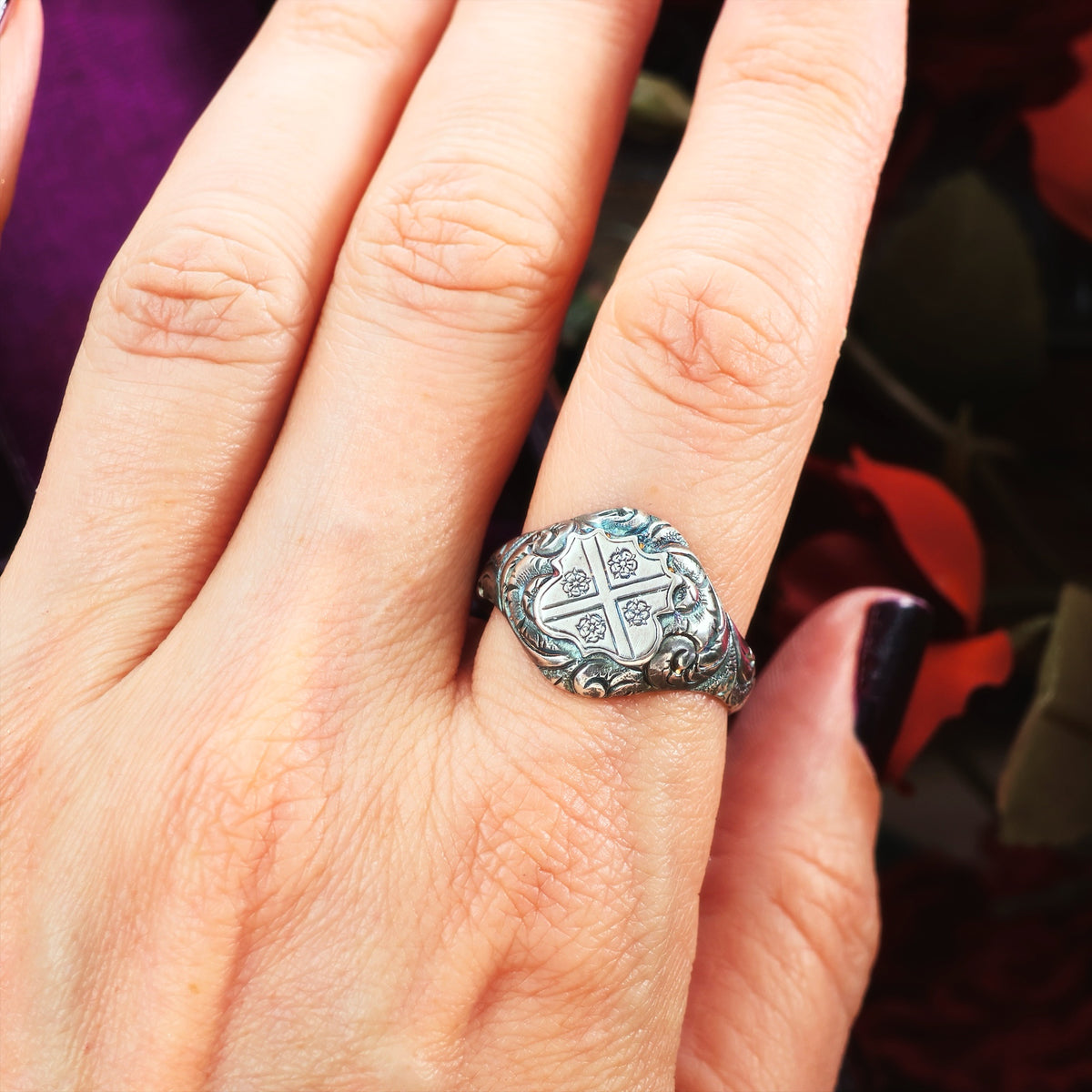 Ornate Saltire Cross & Tudor Rose Silver Signet Ring