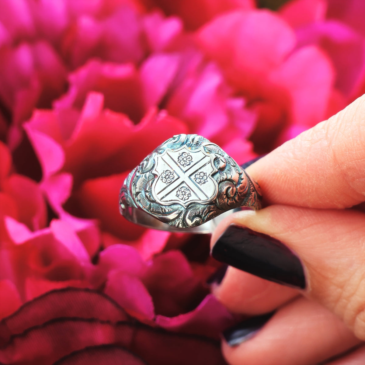 Ornate Saltire Cross & Tudor Rose Silver Signet Ring