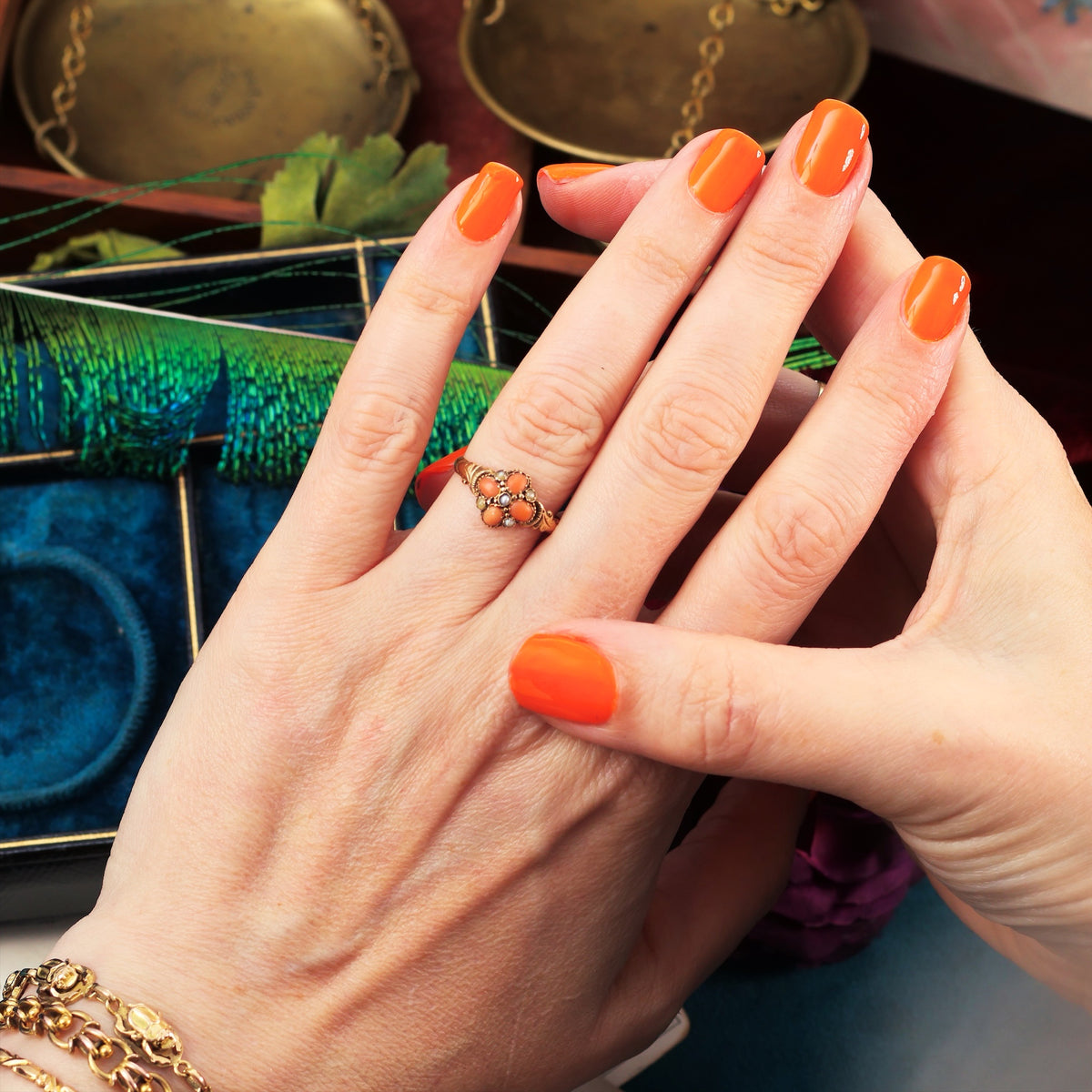 Date 1876 Coral & Seed Pearl Flowerette Ring