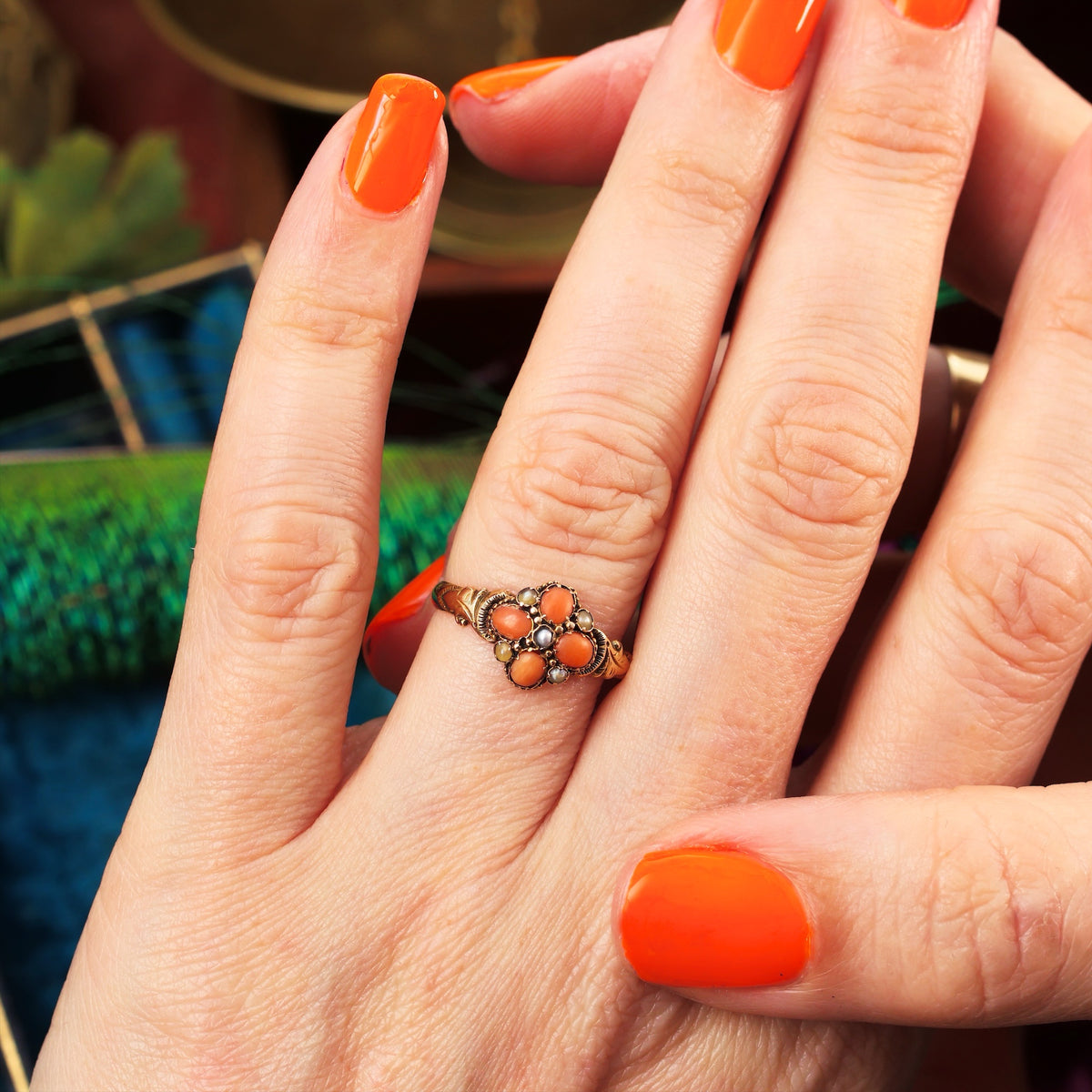 Date 1876 Coral & Seed Pearl Flowerette Ring