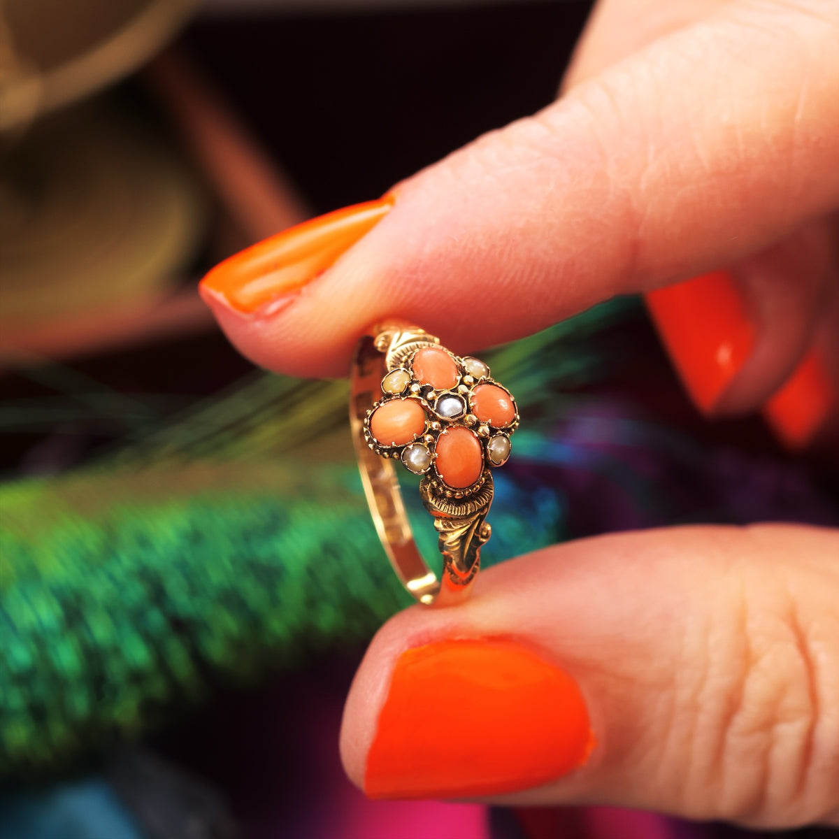 Date 1876 Coral & Seed Pearl Flowerette Ring