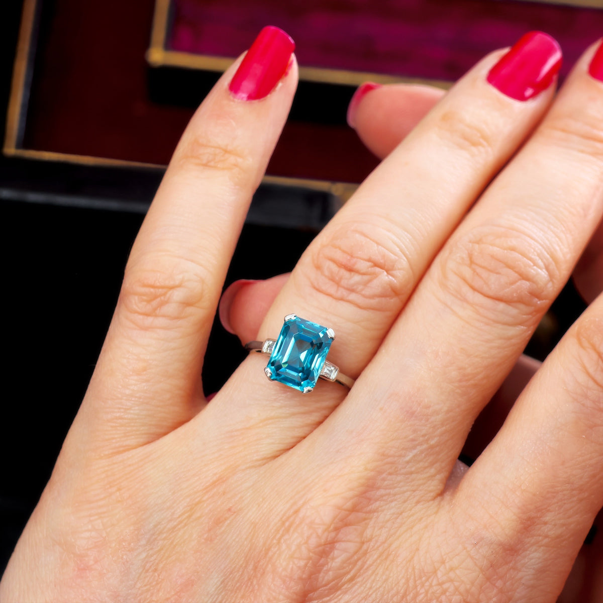 Vintage Blue Zircon & Diamond Platinum Ring