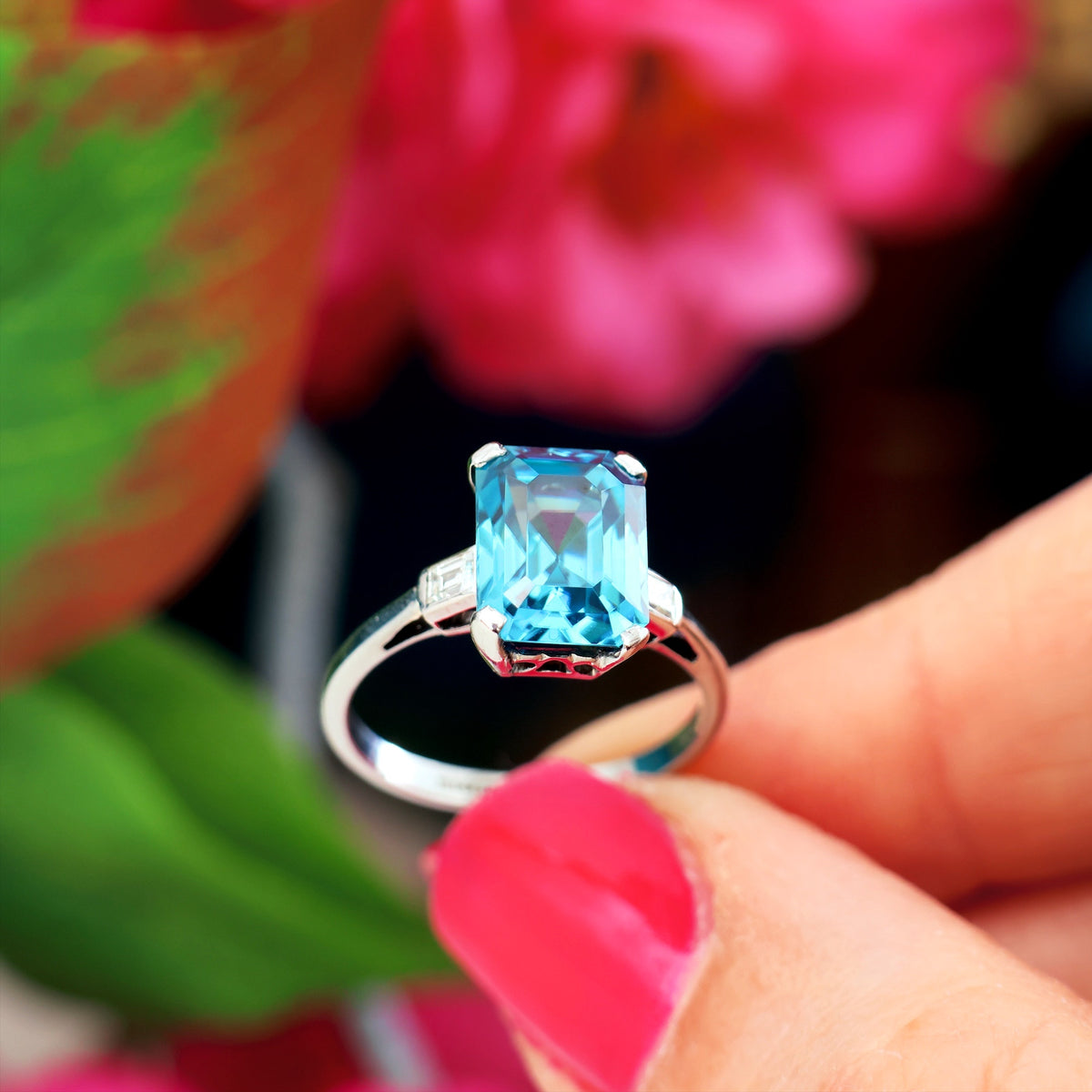 Vintage Blue Zircon & Diamond Platinum Ring