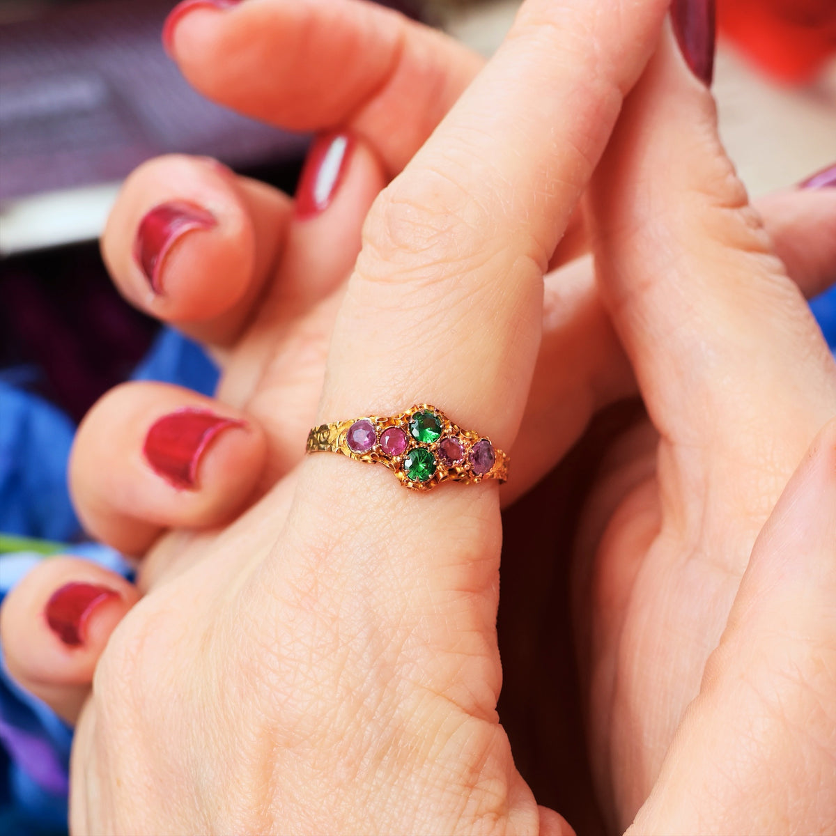 Antique Date 1872 Green Garnet & Ruby Dress Ring