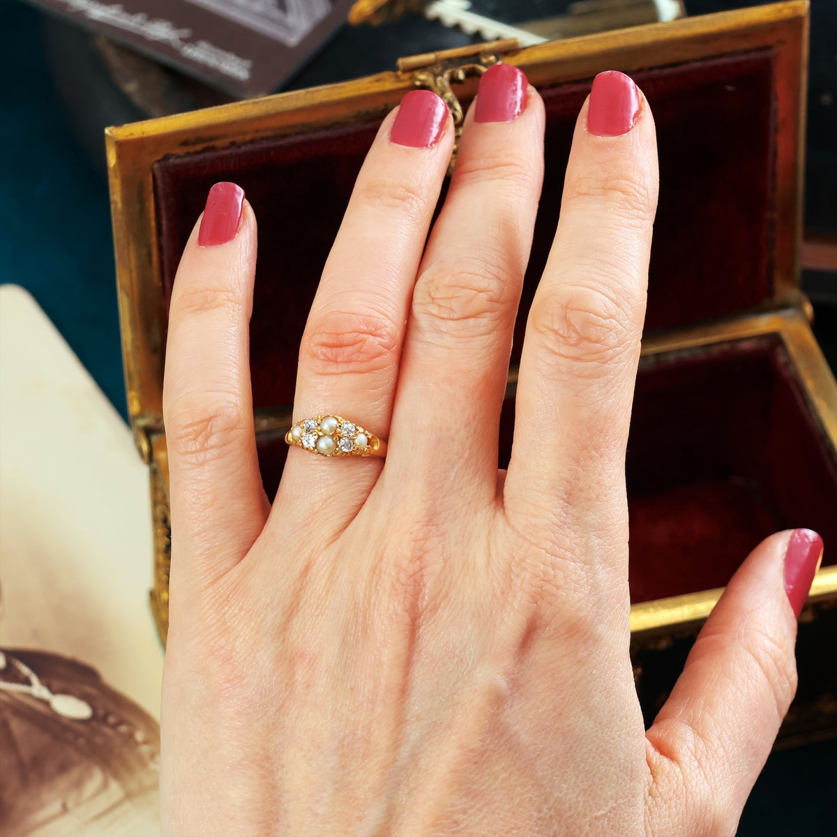 Antique Victorian 18ct Gold Diamond & Pearl Ring