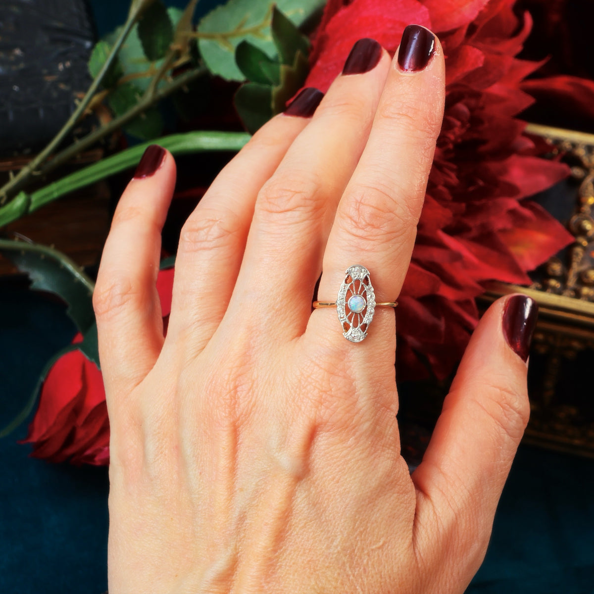 True Delight! An Antique Filigree Opal & Diamond Panel Ring