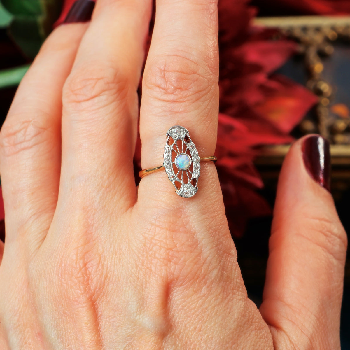 True Delight! An Antique Filigree Opal & Diamond Panel Ring