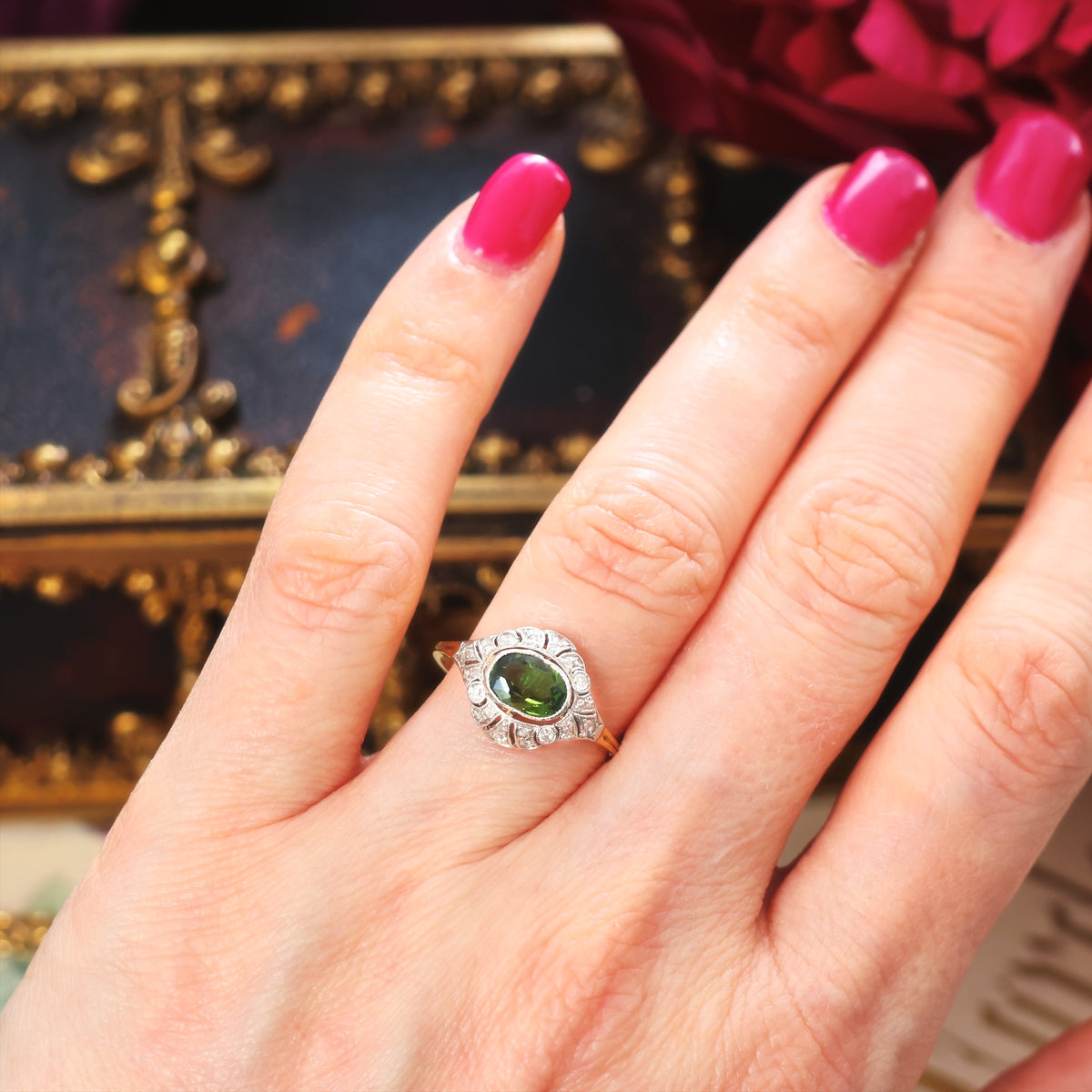 Fine Vintage Green Tourmaline & Diamond Ring